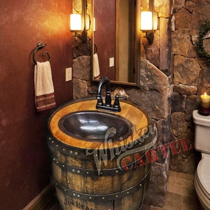 Whiskey barrel sink, hammered copper, rustic antique bathroom / bar / man cave vanity, wine, oak, barrel vanity bourbon CUSTOM personalized