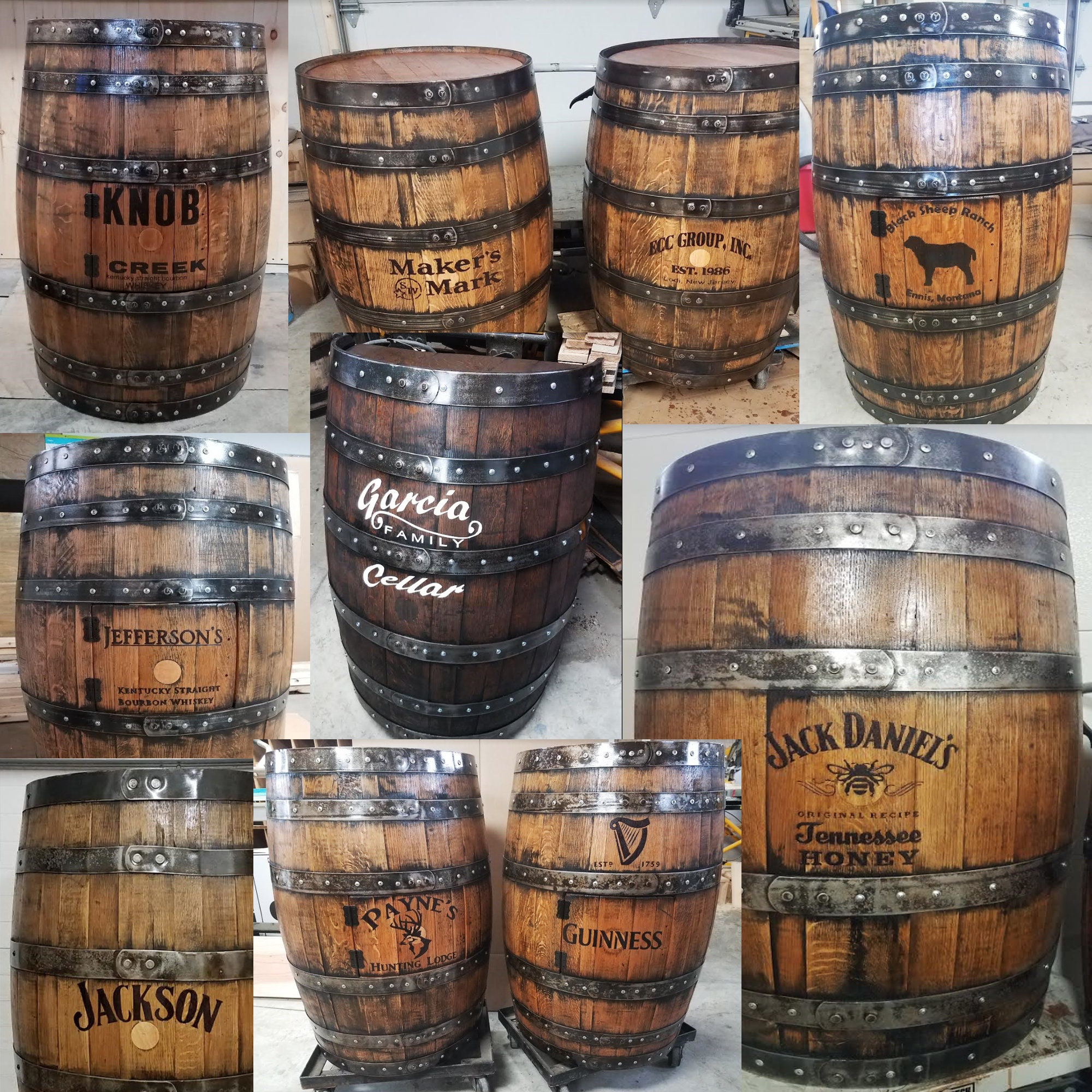 barrel whiskey half barrels bar split finished bourbon names rustic oak display stained logos pub customizing whisky branded personalized painted