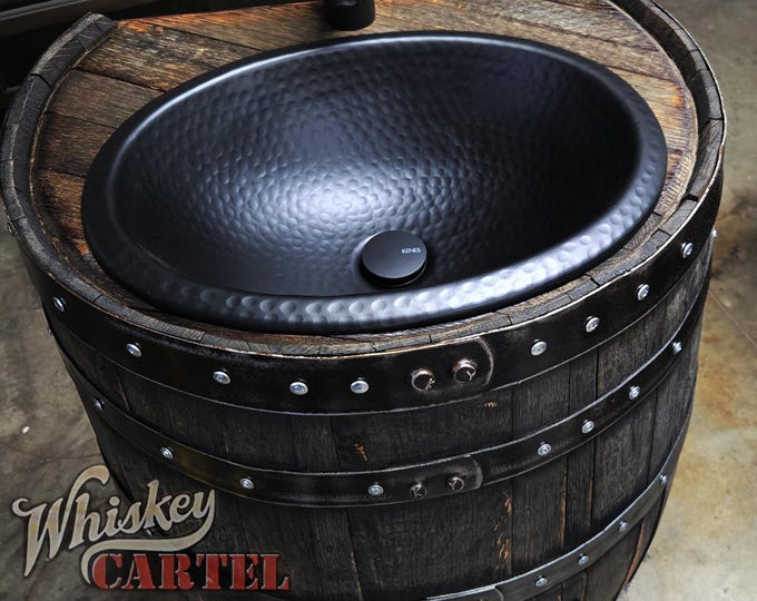 Whiskey barrel sink, barnwood gray, black rustic antique bathroom / bar / man cave vanity, wine, oak, bourbon barn farmhouse grey weathered