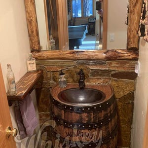 Whiskey barrel sink, hammered copper, rustic antique bathroom / bar / man cave vanity, wine, oak, barrel vanity bourbon CUSTOM personalized