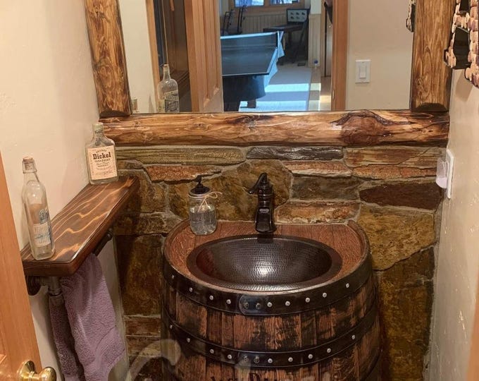 Whiskey barrel sink, hammered copper, rustic antique bathroom / bar / man cave vanity, wine, oak, barrel vanity bourbon CUSTOM personalized