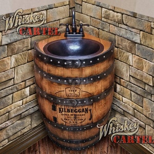 Whiskey barrel sink CORNER style hammered copper rustic antique bathroom bar man cave wine oak barrel vanity bourbon personalized