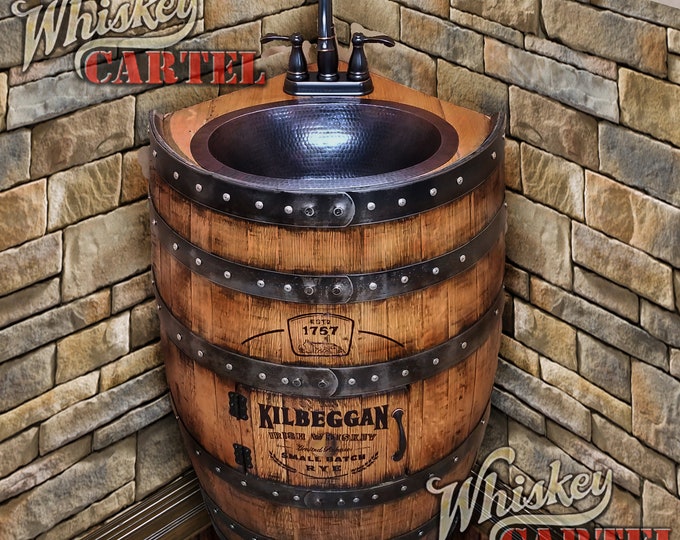 Whiskey barrel sink CORNER style hammered copper rustic antique bathroom bar man cave wine oak barrel vanity bourbon personalized