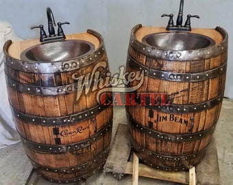 Whiskey barrel sink 3/4 flat back half 1/2 hammered copper rustic antique bathroom bar man cave wine oak barrel vanity bourbon personalized