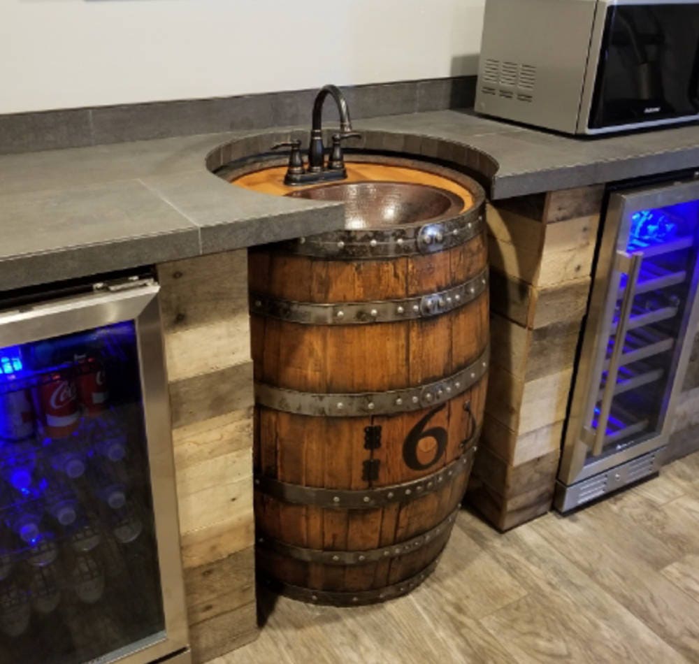 Whiskey barrel sink hammered copper rustic antique bathroom bar man cave vanity wine oak barrel vanity bourbon custom personalized