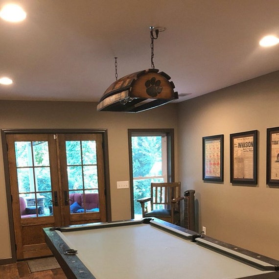 Whiskey Barrel Pool Table Bar Billiards Hanging Light Fixture Rustic Bourbon Western Oak Wood Stave Customize It Personalized