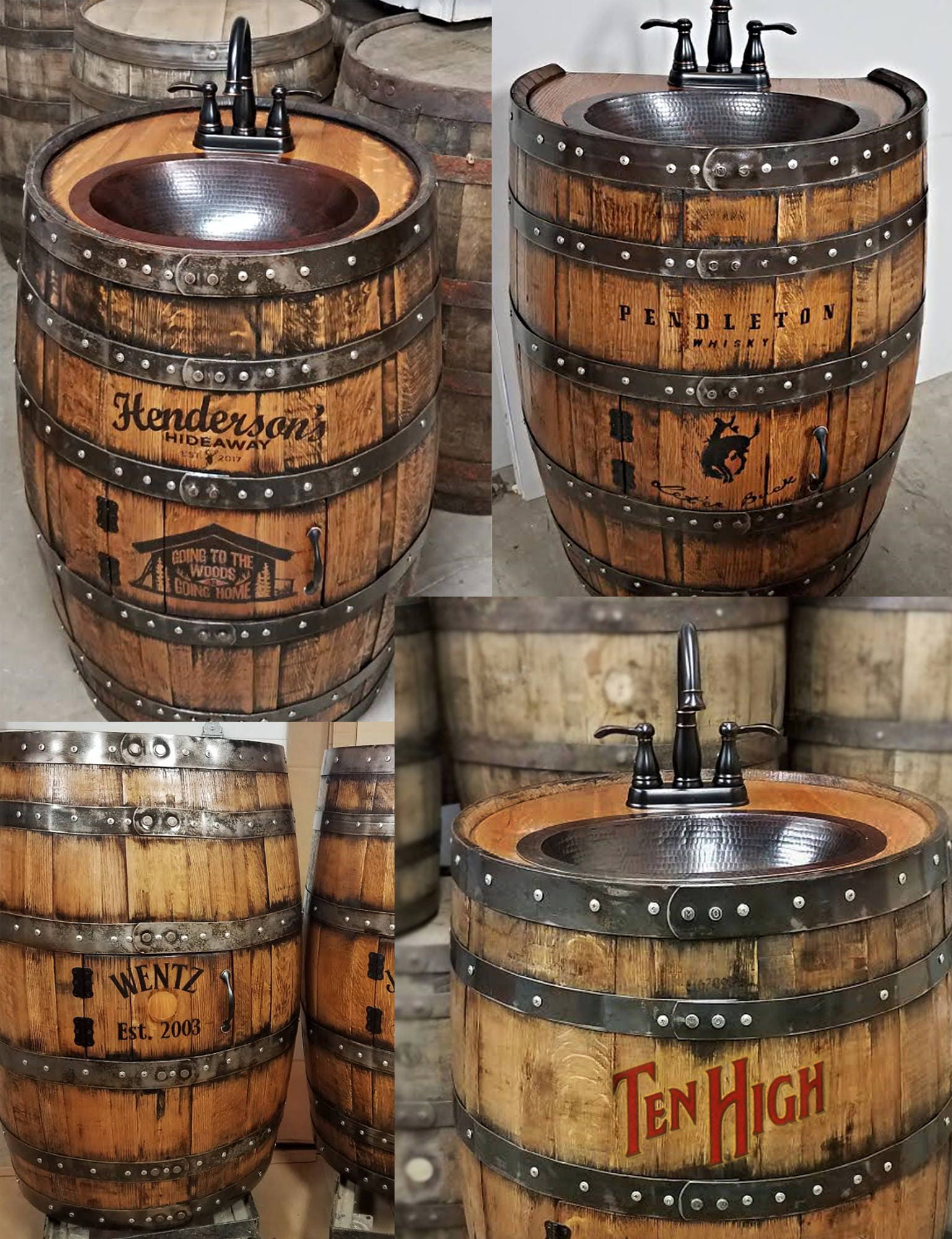 Whiskey barrel sink, hammered copper, rustic antique bathroom / bar