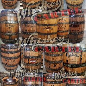 May include: A collage of various whiskey barrel sinks with different brand names, including Jack Daniel's, Buffalo Trace, and Knob Creek. The barrels are made of wood and have metal bands around them. The sinks are all different sizes and shapes, and some have a tap.