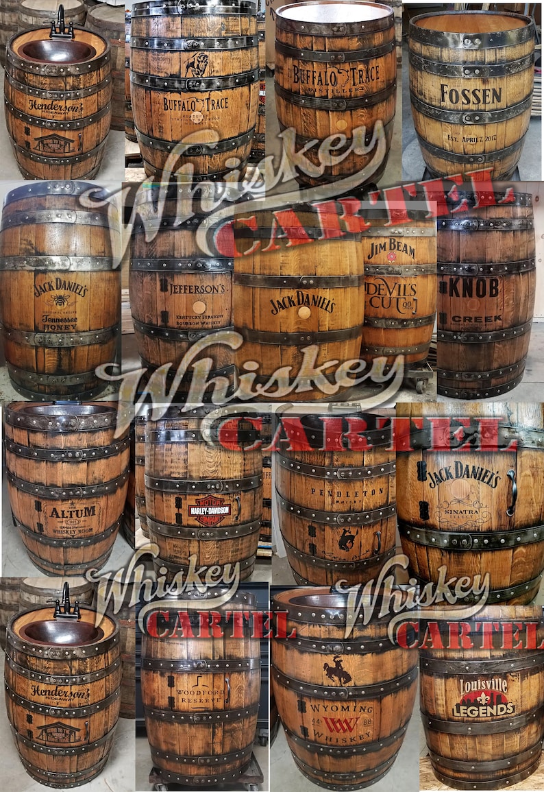 May include: A collage of various whiskey barrel sinks with different brand names, including Jack Daniel's, Buffalo Trace, and Knob Creek. The barrels are made of wood and have metal bands around them. The sinks are all different sizes and shapes, and some have a tap.