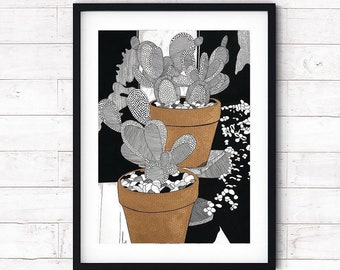 Illustration originale cactus, dessin, décoration, encre noir et or, graphique