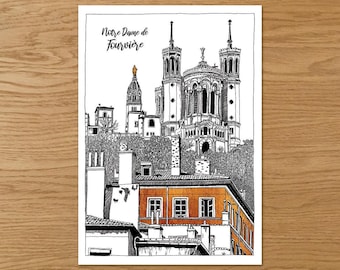 LYON : Fourvière, Carte postale, postcard &quot;city Lyon&quot;, architecture, monument lyon, noir et marron
