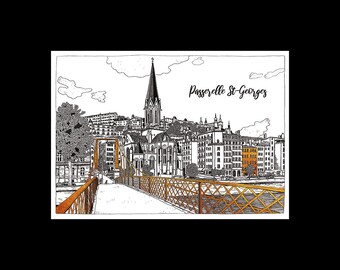 LYON : Passerelle St-Georges, Carte postale, postcard &quot;city Lyon&quot;, architecture, monument lyon, noir et marron