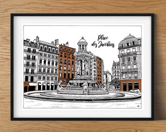 Illustration LYON Place des Jacobins , impression A4, encre noir et marron
