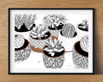 Illustratie "cactus", druk, A4, decoratie, ontwerp, zwart en bruin, planten, muurplanten