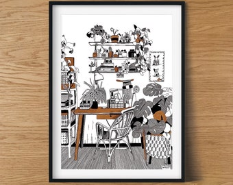 Illustration "bureau et plantes vertes", impression, A3, décoration, design, noir et marron, plantes