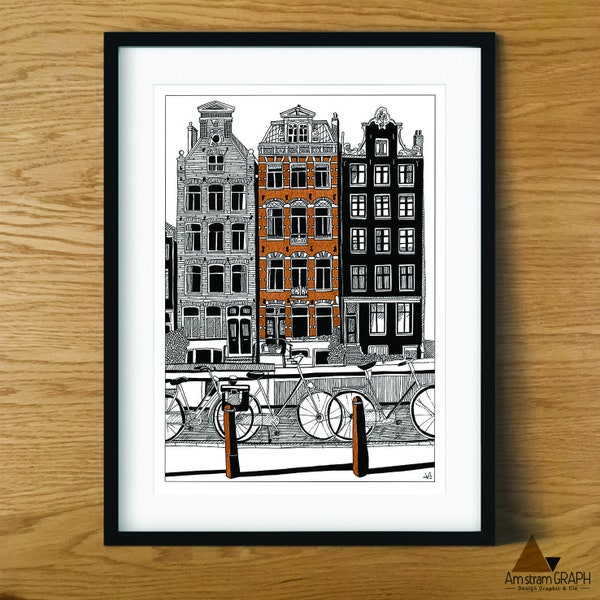 Illustration Amsterdam Facade , impression A4, encre noir et marron