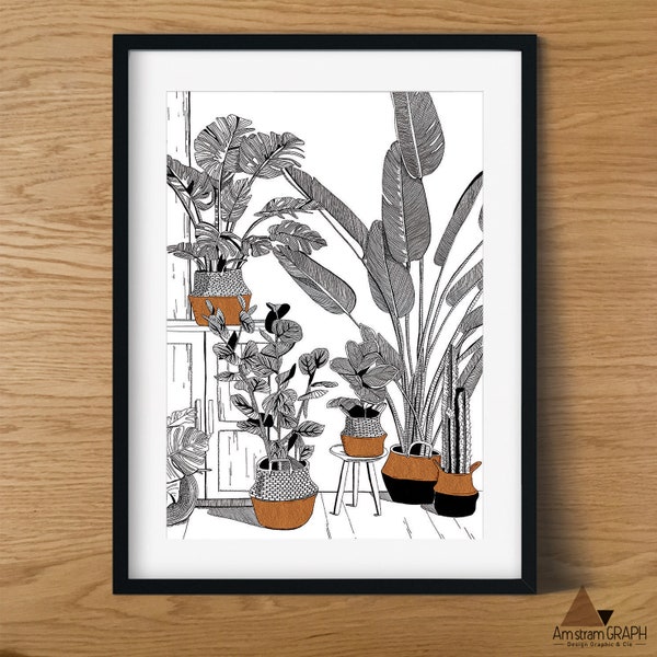 Illustration urban jungle impression A3, encre noir et marron, plantes, paniers déco