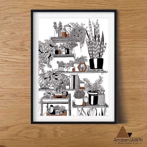 Illustration "urban jungle", impression, A4, décoration, design, noir et marron, plantes, plants wall
