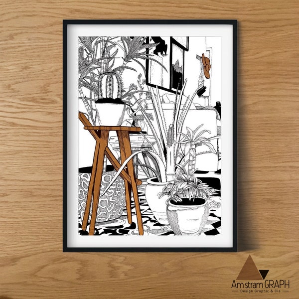 Illustration " salon urban jungle", impression, A4, décoration, design, noir et marron, plantes, plants wall