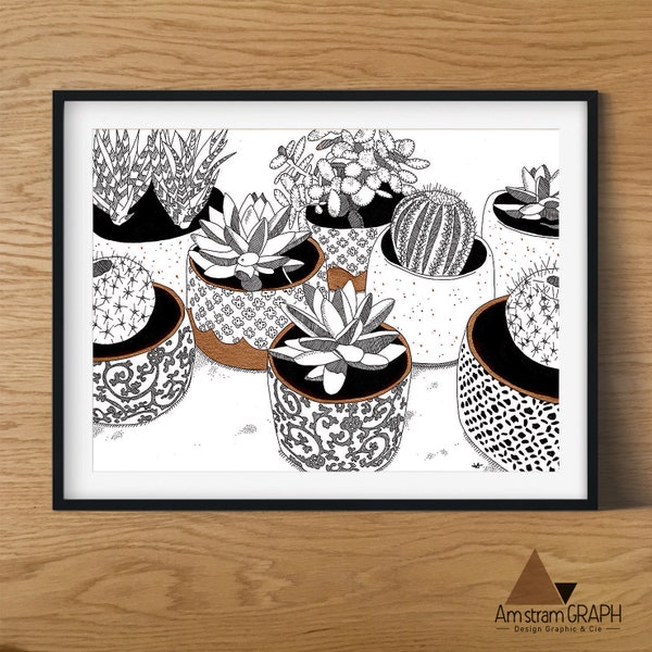 Illustration "cactus", impression, A4, décoration, design, noir et marron, plantes, plants wall