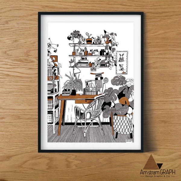 Illustration "bureau et plantes vertes", impression, A3, décoration, design, noir et marron, plantes