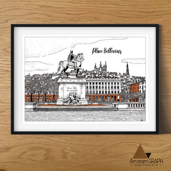 Illustration Lyon Place Bellecour , impression A4, encre noir et marron