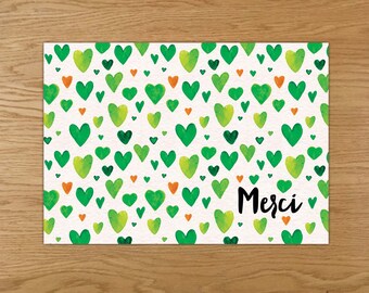 MERCI, merci, carte postale, illustration, coeurs, aquarelle vert et orange