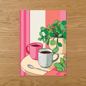 May include: An illustration depicting a still life with two coffee mugs, a spoon, and a potted plant. The mugs are pink and white with a speckled design. The background features pink and white stripes.