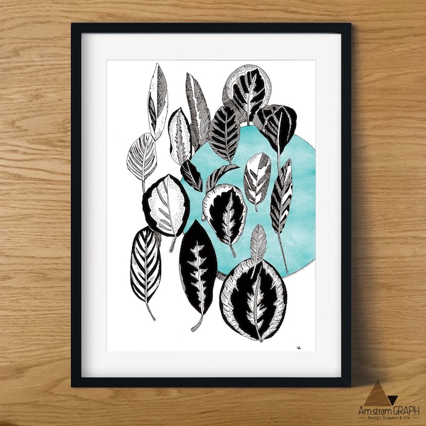 Illustration Feuilles A4, impression / tirage dessin, décoration, plantes, feuilles, encre noir et bleu