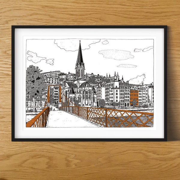 Illustration Lyon Passerelle St-Georges , impression A4, encre noir et marron