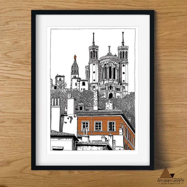 Illustration Lyon Basilique Notre-Dame de Fourvière , impression A4, encre noir et marron