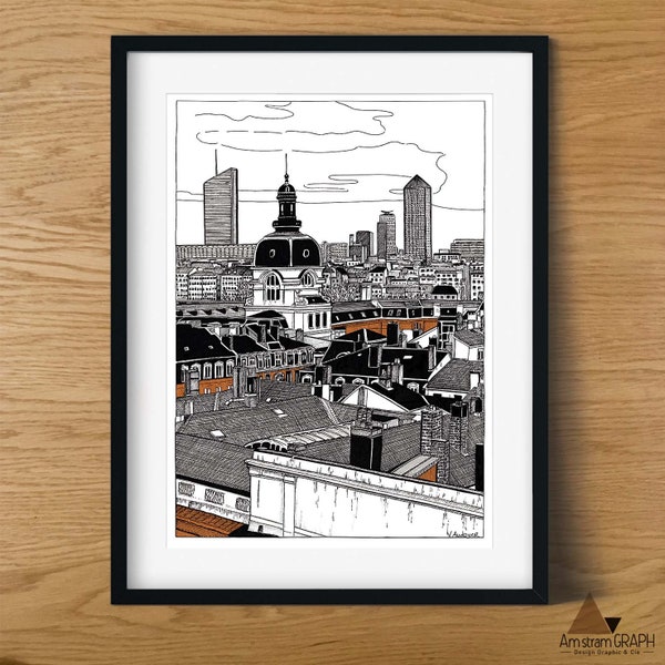 Illustration Toits de Lyon, impression A4, encre noir et marron