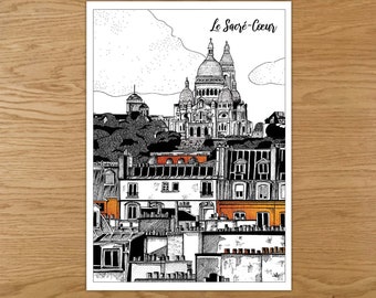 PARIS : les toits, Sacré Coeur, carte postale, illustration, encre noir et marron