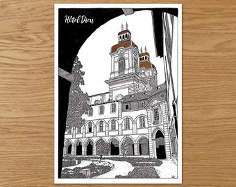 LYON : Cloître Hôtel Dieu, Carte postale, postcard &quot;city Lyon&quot;, architecture, monument lyon, noir et marron