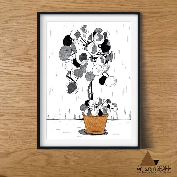 Illustration Pilea A4, impression dessin, décoration, plante, encre noir et marron