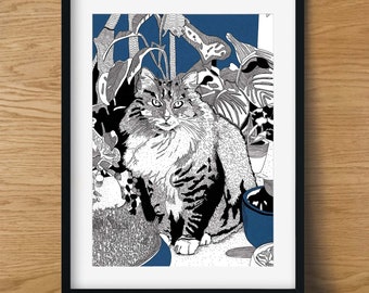 Illustration "cat and plants", impression A4, décoration maison chat