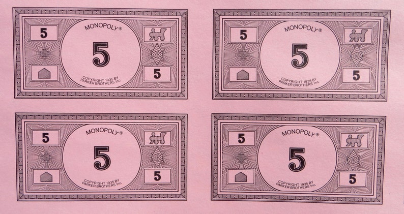Monopoly Money Original Uncut Sheet 5 Dollar Bills Parker | Etsy
