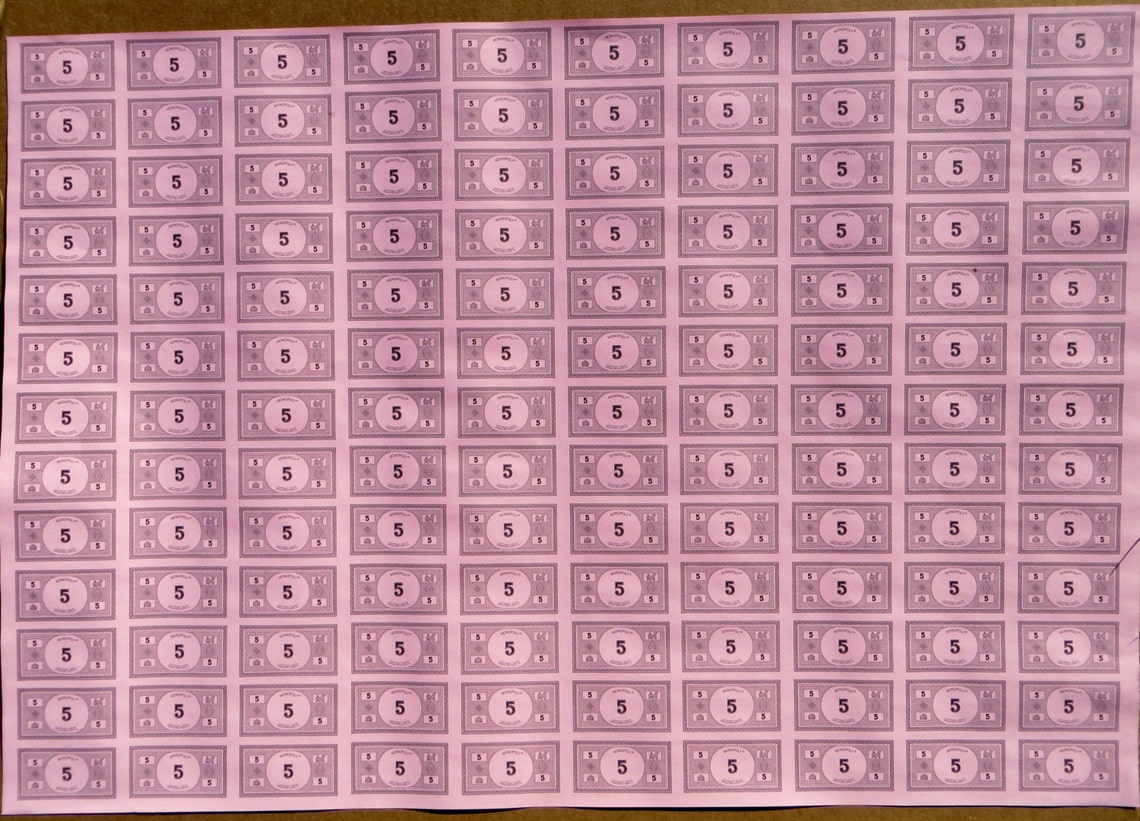 Monopoly Money Original Uncut Sheet 5 Dollar Bills Parker Etsy