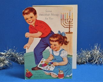 Vintage Children&#39;s Hanukkah Card, 1960&#39;s Norcross, Little Boy and Girl, Activity Card, Dreidel, Unused