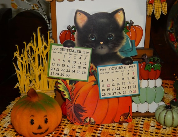 Vintage 1950's Norcross Kittens Calendar Page, September October Cat, 1959