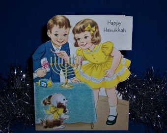 Vintage Hanukkah Children's Flocked Card 1960's Norcross Little Girl Unused