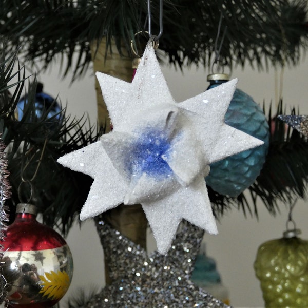 Vintage Czech Ornament, 1930's Czechoslovakian Blue and White Moravian Mica Christmas Star SMALL 2 Inches