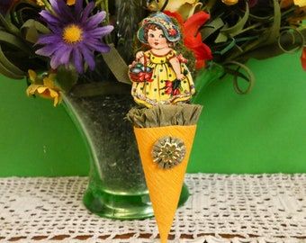 Easter Ornament Vintage Inspired Handmade OOAK Old German Die Cut APC Girl Carrot 4 3/4 Inches High