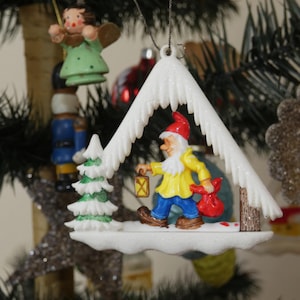 Vintage 1950&#39;s German Diorama Ornament, Plastic Arch Ornament, Gnome Dwarf, Germany, Ges. Gesch.