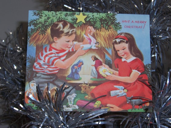 Vintage 1950's Many Christmas Wishes Kid Card Building an Ark A Sunshine Card