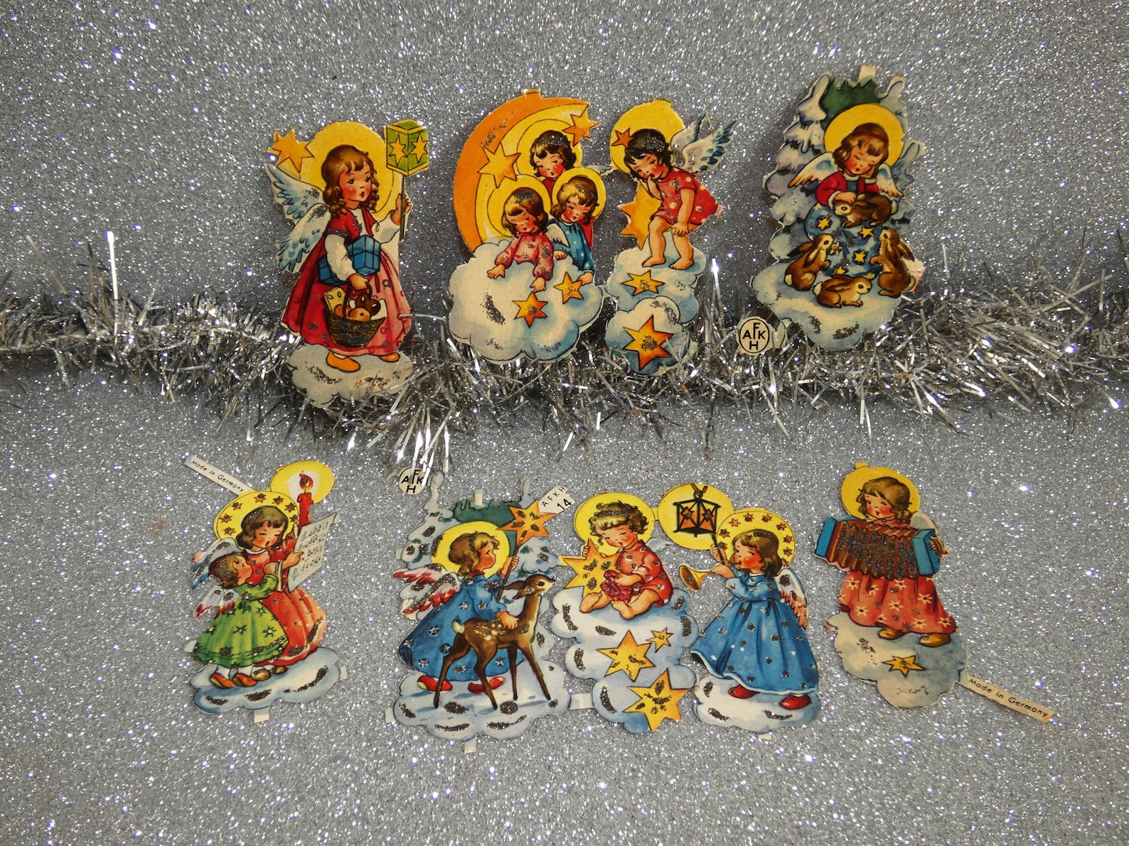 Vintage German Angel Die Cut Scrap (9), AFKH Glanzbilder Silver Glitter Scraps, 1930's Germany