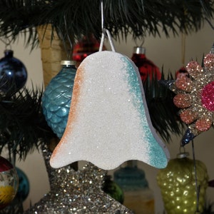 Vintage Czech Ornament, Mica Covered Bell, 1930&#39;s Christmas, Czechoslovakia, SMALL 2 1/2 Inches High