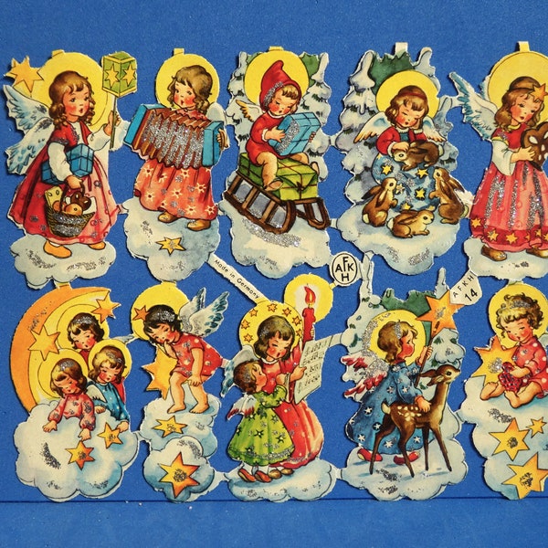 Vintage German Angel Die Cut Scrap AFKH 1930's 1940's Christmas Angels Glanzbilder Oblaten Scraps Silver Glitter