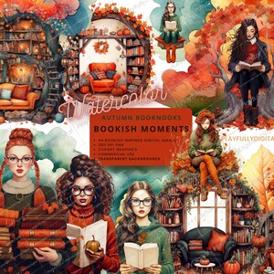 Op de afbeelding: Waterverf digitale kunst met herfst-thema boekenhoeken en lezende vrouwen. De afbeelding bevat gezellige scènes met boekenplanken, pompoenen en herfstbladeren. Tekst op de afbeelding luidt "Autumn Booknooks Bookish Moments".