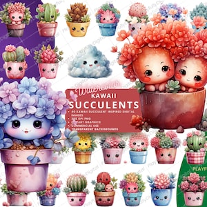 Kawaii Clipart, Kawaii Sukkulenten Clipart, niedlichen Clipart, Aquarell Clipart